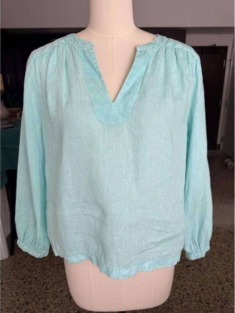 Halston 100% Linen Top Sz M Blouse Long sleeve Turquoise Blue Mint